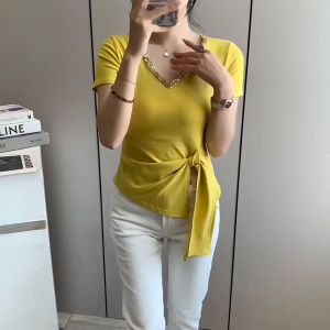plus Size 2025 Summer V-Neck Short Sleeve T-Shirt Heavy Embroidery Slim Fit Asymmetrical Korean Style Womens Top Fashionable Casual Wear