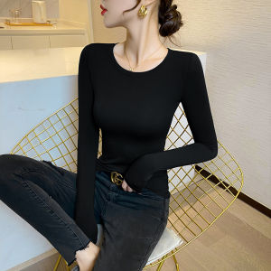 Black Long Sleeve Modal T-Shirt Womens Thin Base Shirt Spring Autumn Fleece Lined round Neck Top Korean Style Slim Fit