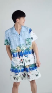 เสื้อฮาวาย+กางเกงขาสั้น ลายมะพร้าว เซตไปทะเล #พร้อมส่งจากไทย🇹🇭