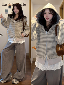 La Chapelle Striped Hoodie Jacket Womens Loose Knitted Top Autumn 2025 New Lazy Style Korean System College Windbreaker