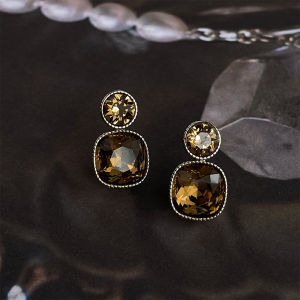 Tea Color Glass Crystal Earrings Vintage Commute Square Fashion Jewelry Accessories Clip on Earrings Womens Geometric Pattern