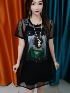 ชุดเดรสผ้าตาข่ายแขนกุดลายดอกไม้สำหรับผู้หญิง ทรงหลวม ทรงเข้ารูป ทรงเอ แขนสั้น ฤดูร้อน 2025 ชุดสองชิ้น เอวสูง