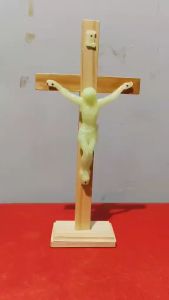 Luminous Crucifix 12 1/2 inches with Stand Color Cream Glow in the Dark Solid Wood