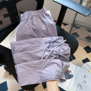 Quần Ống Rộng Màu Tím Nhanh Khô Cho Nữ Mùa Hè Phong Cách Hiphop Mỹ Quần Thể Thao Cạp Cao Có Nơ Thắt Nút Đơn Giản