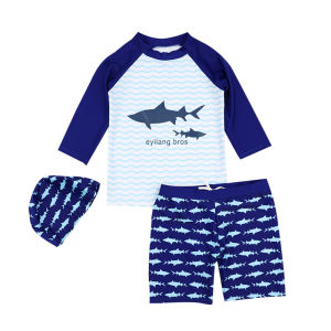 Children Rash Guards Blue Patchwork Sharks Pattern Child Two Pieces Swimwear with Swimming Cap Long Sleeve Surfing Suit for Boys Kids Sandy Beachwear Schoolboy Swim Pool Suit