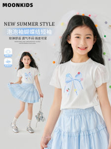 Princess Style Short Sleeve T-Shirt for Girls Pure Cotton White Summer New Arrival Kids Clothing Moon Kids Brand Casual Style