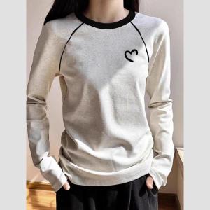 Áo Thun Dài Tay Nữ Màu Tương Phản Cotton Cổ Tròn Màu Be Cỡ Lớn Thường Ngày Mùa Thu 2025 Thương Hiệu Xinfei Yun