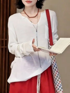 White Relaxed Long Sleeve Shirt Ladies Autumn Fashion Thin Loose Tummy Covering Casual T-Shirt Korean Style High Waist Line