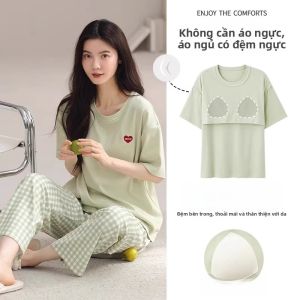 MiiOW | Bộ đồ ngủ cotton nguyên chất cho nữ mùa hè tay ngắn ba mảnh có đệm ngực quần áo mặc nhà cỡ lớn mới 2025