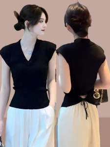 เสื้อยืดคอวีสีดำ แขนสั้น ผ้าไหมน้ำแข็ง ทรงสลิมฟิต สำหรับผู้หญิง ฤดูร้อน 2025 แฟชั่นใหม่ คอลเลกชั่นฤดูร้อน คอกลม แขนสั้น