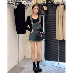 Retro Curling Denim Suspenders Womens Summer Small High Waist Straight-leg Loose One-Piece Wide Leg Shorts Fashion Ins
