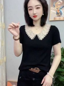 Summer New Arrival Fashion Lace Collar Short-Sleeved T-shirt Womens Clothing W Easiest for Match Flab Hiding Slimming Shirt Loose Thin Mom Wear