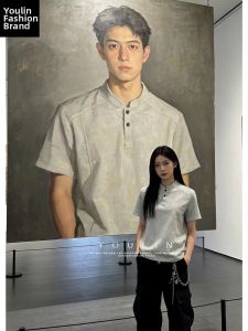 YOULIN | Ash Grey American Style Henry Collar Short Sleeve T-Shirt
