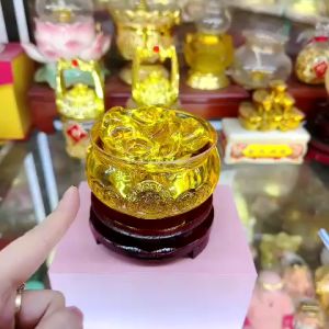 Hũ vàng bát tụ bảo chiêu tài chiêu lộc bằng lưu ly ( 6-8-10-12cm) - Kèm đế và thỏi vàng như hình