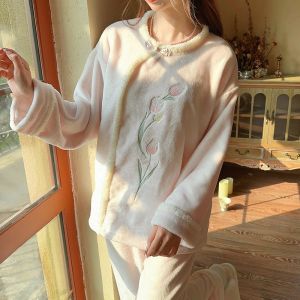 Warmth in Bloom Chinese Style Embroidered Tulip Flannel Sleepwear Set Womens Long Sleeve round Neck Home Clothes Autumn Winter