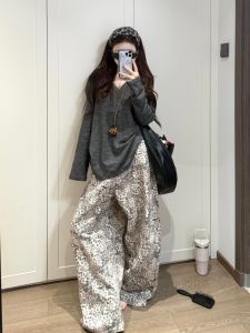 High Waist Loose Fit Leopard Print American Retro Knife Edge Jeans Womens Spring Autumn High Waist Slimming Wide Leg Pants