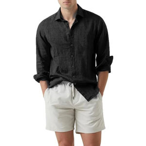 Mens Shirt Summer Cardigan Solid Color Top Long Sleeve Lapel Shirt Beach Cotton And Linen Single-breasted Shirt Slim Large Size