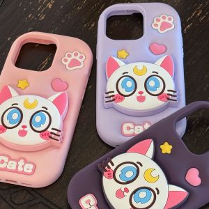 【Hot】Liquid Silicone Phone Case Innovative Telescopic Holder Luna Cat Shape with Bracelet For iPhone 11 12 13 14 15 16 Series