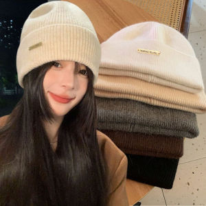 Winter Women Beanie Hat Solid Color Soft Woolen Knitted Hat Korean Style Oversized Thicken Warm Cap Windproof