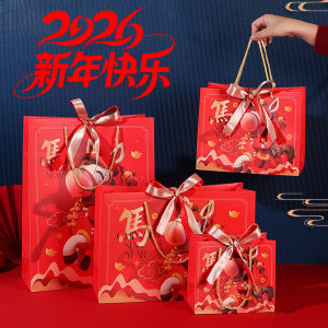 Chinese Red Lantern Pattern Gift Bags with Handle Spring Festive Party Favor Bags for Chinese New Year Handbag with Ribbon