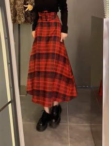 MANMI | Chân Váy A-Line Giảm Béo Cao Thắt Lưng Họa Tiết Caro Đỏ Vintage Thời Trang Mỹ