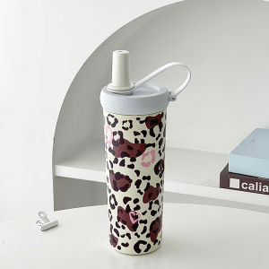 Leopard Print High Capacity Portable Insulated Cup With Straw