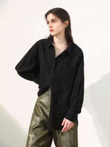 Miccbeirn | Elegant Long Sleeve Silk Cotton Embroidered Shirt Draped Casual Womens Top Simple Commute Style Loose Fit Polo Collar Button Up