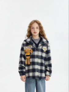 Vintage Plaid Hooded Childrens Long Sleeve Loose Jacket
