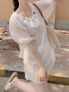 Shalldoer | ชุดสองชิ้นแฟชั่นสำหรับผู้หญิง ฤดูร้อน 2025 ดีไซน์ใหม่ เสื้อเชิ้ตแขนสั้นเข้ารูป กางเกงขาสั้น ผูกเชือก คอตั้ง