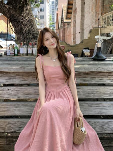 Elegant French Checkered Strap Dress Long