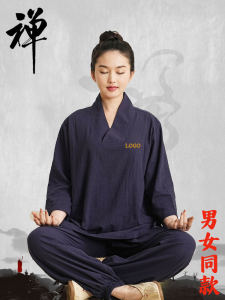Womens Cotton Linen Summer Buddhist Laypersons Clothing V-Neck 7/8 Sleeve Meditation Sitting Zen Practice Robe