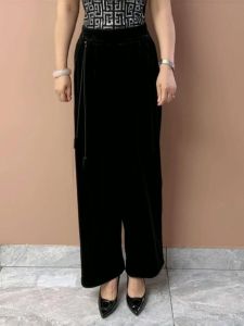 กางเกงขายาวทรงหลวมเอวยางยืดผ้ากำมะหยี่สีดำสำหรับคุณแม่วัยกลางคนและผู้สูงอายุ กางเกงขายาวทรงตรงลำลอง
