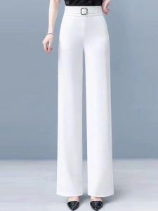 Quần Ống Rộng Bằng Lụa Băng Màu Trắng Cho Nữ Quần Dài Thường Ngày Cạp Cao Ống Đứng Che Mông Quần Bó Tôn Dáng Mùa Xuân Thu