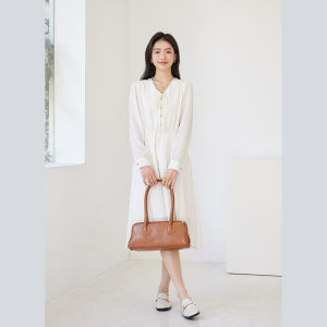 Naegvrre French Style V-Neck Dress Waist-Cinching Gentlewoman Long Skirt Spring Autumn Womens Fashion Elastic Waist Long Dress