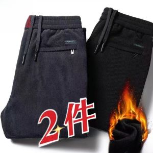 Corduroy Leisure Pants Mens Thickened Fleece Lined Straight Leg Long Trousers Trendy Loose Fit Sweatpants Autumn Winter
