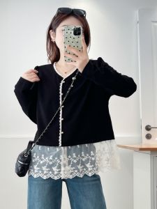 เสื้อแจ็คเก็ตสั้นผ้าลูกไม้แขนยาวคอวีสไตล์เกาหลีสำหรับผู้หญิงไซส์ใหญ่ ฤดูใบไม้ร่วง 2025 เสื้อผ้าทำงานสไตล์เกาหลี