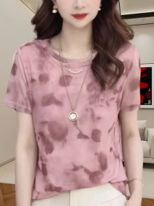 Casual Style Loose Fit Printed Ice Slim Fit Short Sleeve T-shirt for Women Summer 2023 New Arrival Elastic Thin Upper Fabric