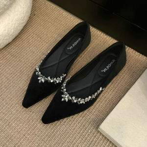 French Elegant Mary Jane Shoes Womens Pointed Toe Velvet Surface Diamond Fashion Low Heel Inner Heightening Single Shoes