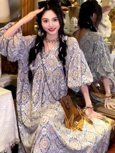 Wanita Lantern Sleeves Balon Dress Bohemian Dress Style Pantai Liburan Bali Beach Dress Premium Mode Vacation Rok Gaun Boho Oversize Rok Panjang Layar Matahari Dress Floral Flowy Dress Pantai Korean Style Casual Loose Long Dress Flower Dress Panjang