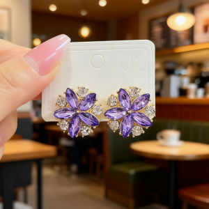 Unique Design Purple Petal Diamond Embedded Earrings Floral Drop Earrings Trendy Goddess Style Fashionable Jewelry Ear Decor