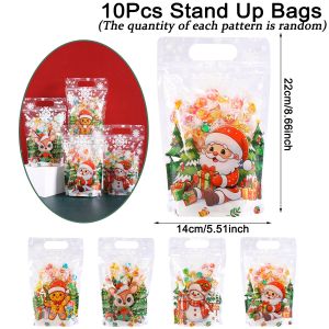 10/20 Chiếc Túi Quà Giáng Sinh Thiết Kế Đứng Được Với Hình In Ông Già Noel & Người Tuyết Túi Nhựa Có Thể Đóng Kín Lại Dùng Cho Tiệc Tùng & Trang Trí Năm Mới
