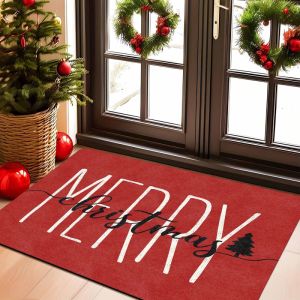 VIKAMA Christmas Welcome Mat Painted Tree Snowflake Merry Christmas Holiday Decor Welcome Rug Entryway Happy New Year Home Decor