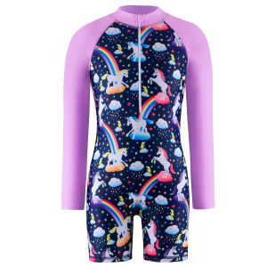 Boyleg Shorts Girls Swimsuit One-Piece Swimwear Long Raglan Sleeve Cute Animal Horse Print Kids Tween Swim Rash Guard Summer