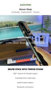 AizoyPro Selfie Stick Tripod with Bluetooth Remote 360° Rotating Adjustable Phone Holder Portable Foldable Extendable Stand for Live Streaming Vlogging Video Recording Photography Compatible with iPhone Samsung Xiaomi Smartphones