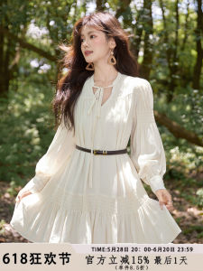 Váy Bohemian Ngọt Ngào Cổ Điển Pháp Ling Jiu Váy Chữ a Cạp Cao Cho Nữ Mùa Xuân Hè Váy Ngắn Cổ Chữ V Dài Tay Một Mảnh