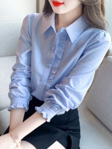 Fashionable Pure Cotton Long Sleeve Polo Neck Shirt Womens Spring Autumn New Style All Match Straight Cut Korean Version Shirt