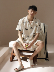 me home wear | Summer Men Cotton Short Sleeve Shorts Cartoon Pyjama Set