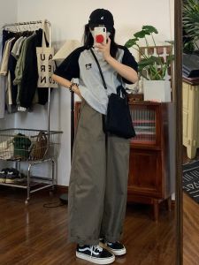 American Style High Waist Straight Leg Workwear Pants Women Summer New Small Size Loose Casual Trousers Wide Leg Pants