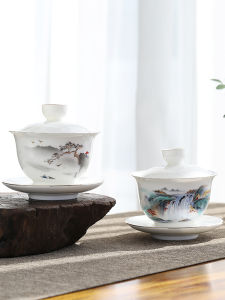 Cốc Trà Gốm Sứ Trắng Ngọc Bích Đơn Cốc Trà Gốm Sứ Cao Cấp Ba Phần Bộ Dụng Cụ Pha Trà Tại Nhà Thiết Kế Hình Chữ Hán