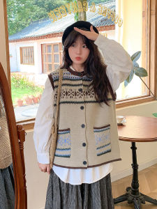 เสื้อกั๊กถักแขนกุดสไตล์ญี่ปุ่นย้อนยุคสำหรับผู้หญิง แขนกุด ลายดอกไม้ ทรงหลวม สไตล์หวาน คอตั้ง ปกติ